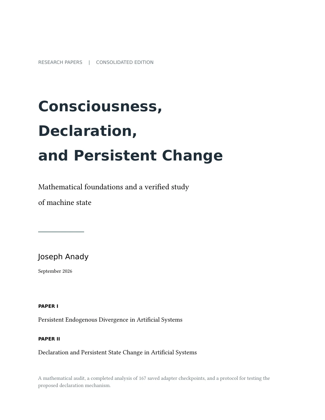 Cover of Consciousness, Declaration, and Persistent Change by Joseph Anady, September 2026.